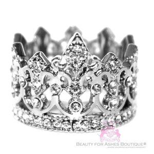 Womens Girls Royalty Highness Clear Crystal Silvertone Crown of Life Ring